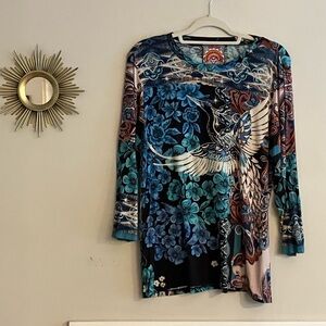 Johnny Was Blue and Black Graphic 3/4 sleeve tee